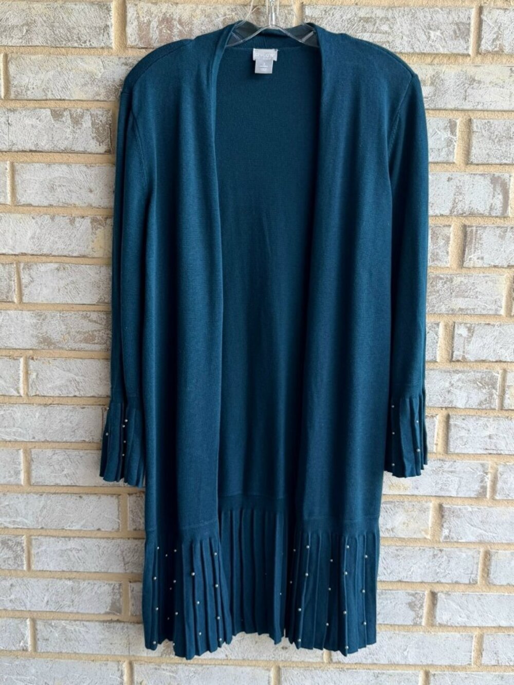 Chico's Long Sleeve Faux Pearl Teal Green Open Front Cardigan Sweater Size 2 (L)